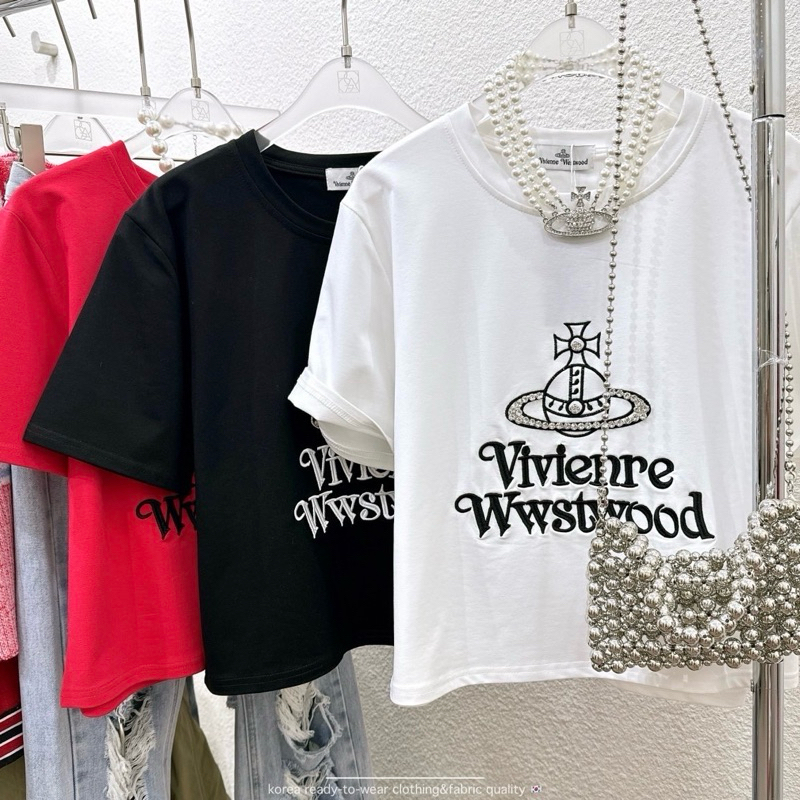 เสื้อครอปกึ่งยืด VVWW ปักลายกลางอก ตอกเพชรในลายปัก
