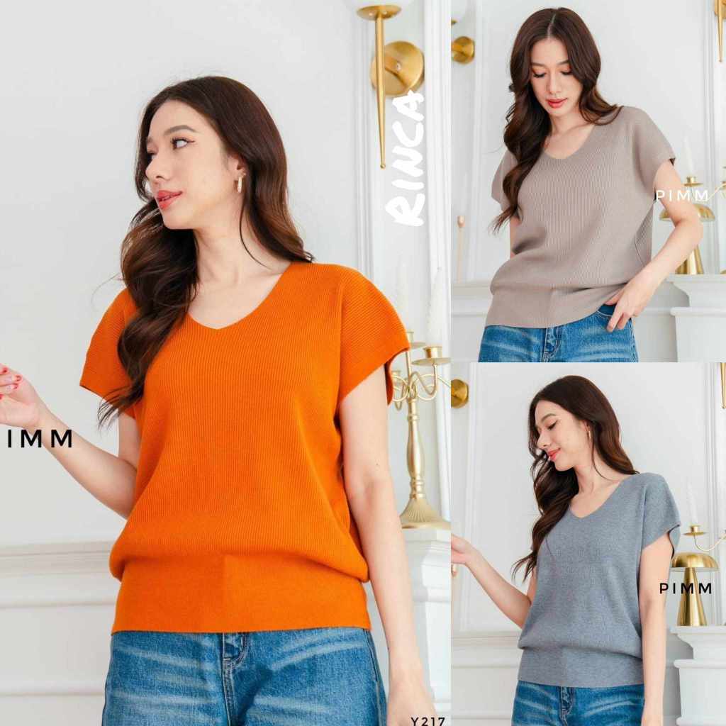 PaYdaY(อก 46-56") เสื้อไหมพรมไซส์ใหญ่ ทอลายร่อง Pimm y217 คอวีแขนล้ำ ชายเสื้อสอบเกาะสะโพก