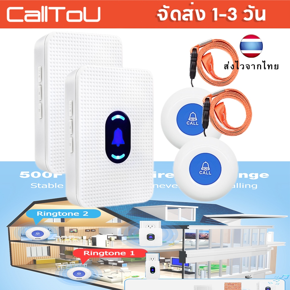 ส่งไวจากไทย CallToU กริ่งพยาบา กริ่งเรียกคน ปุ่มพยาบาลเพจเจอร์ไร้สาย สำหรับผู้ป่วยสูงอายุ 2 ปุ่ม 2 เครื่องรับ LC01