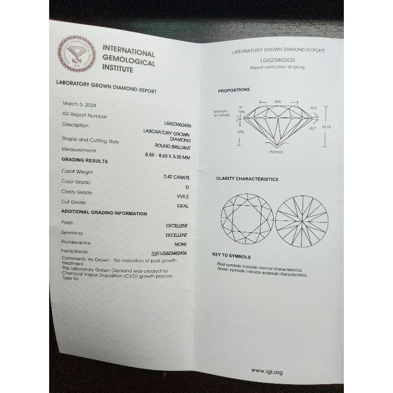 เพชร ROUND - 2.42 ct D VVS2 Lab Grown Diamond รูปกลม พร้อมใบเซอร์ IGI