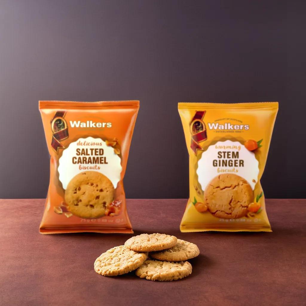 WALKERS ASSORTED TWIN PACKS 25G: คุกกี้เนยสอดไส้คาราเมลเค็มและคุกกี้เนยผสมขิงอบอุ่น  25g