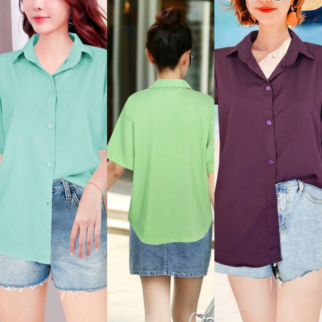 เสื้อเชิ้ตผู้หญิง Hawaii shirt ผ้าไหมอิตาลี แฟชั่นผู้หญิง แขนสั้น ใส่ทำงาน