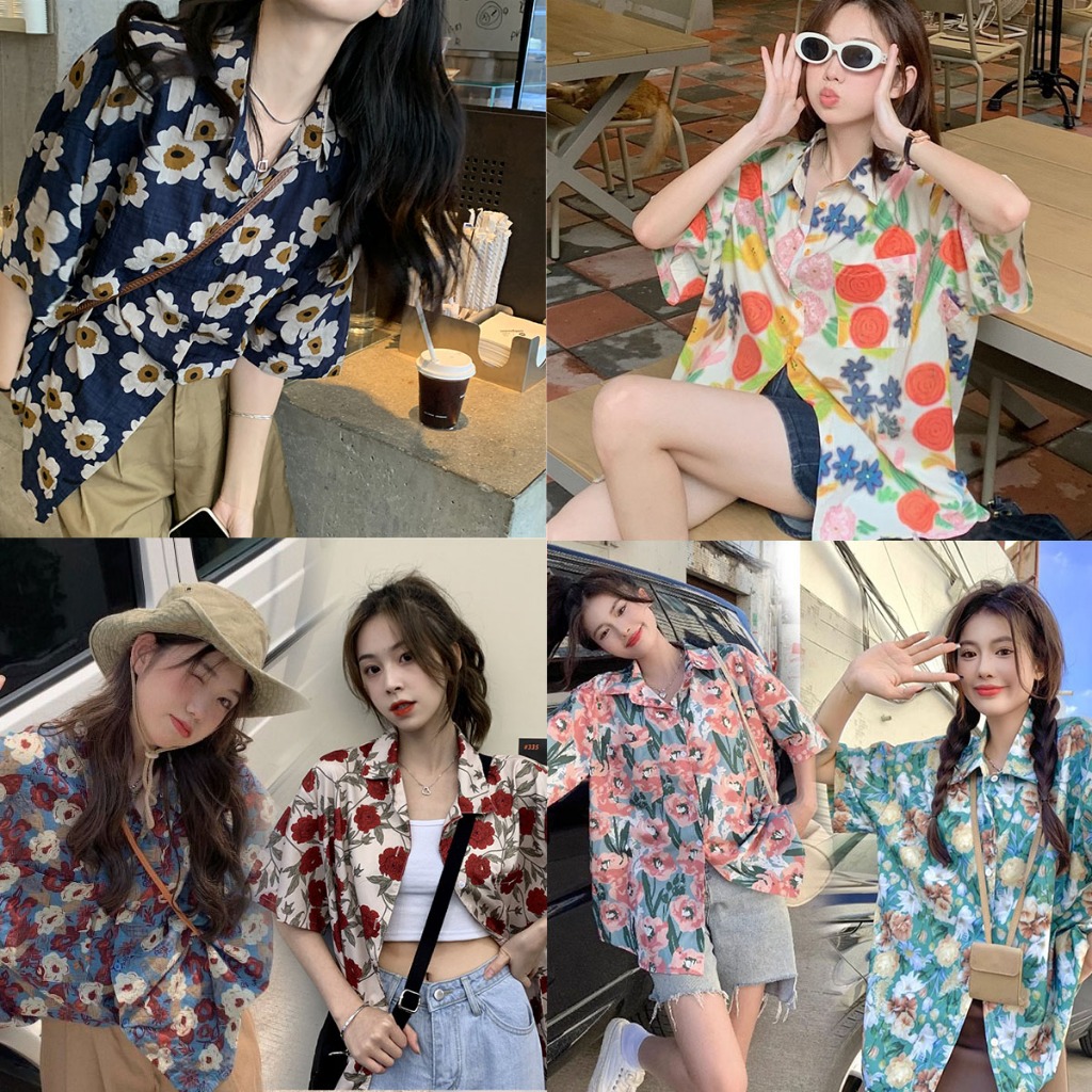 mimi&diid 💖เสื้อเชิ้ตฮาวายผู้หญิง เสื้อลายดอก แขนสั้น ลายดอกไม้เก๋ไก๋ใส่แล้วดูดีไม่ซ้ำใครW259