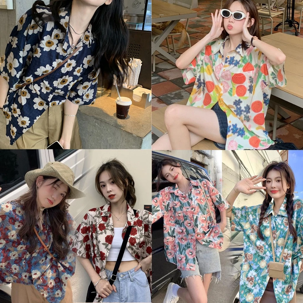 mimi&diid เสื้อเชิ้ตฮาวายผู้หญิง ลายดอกไม้ แขนสั้น W259