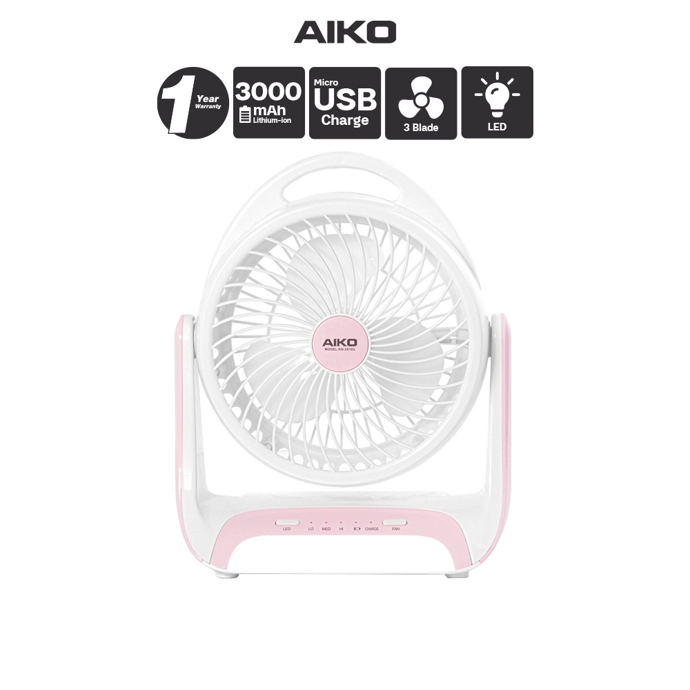 AIKO #KN-2816U พัดลมชาร์จไฟ ใบพัด 6 นิ้ว พร้อมฟังก์ชั่นโคมไฟ ***รับประกัน 1ปี