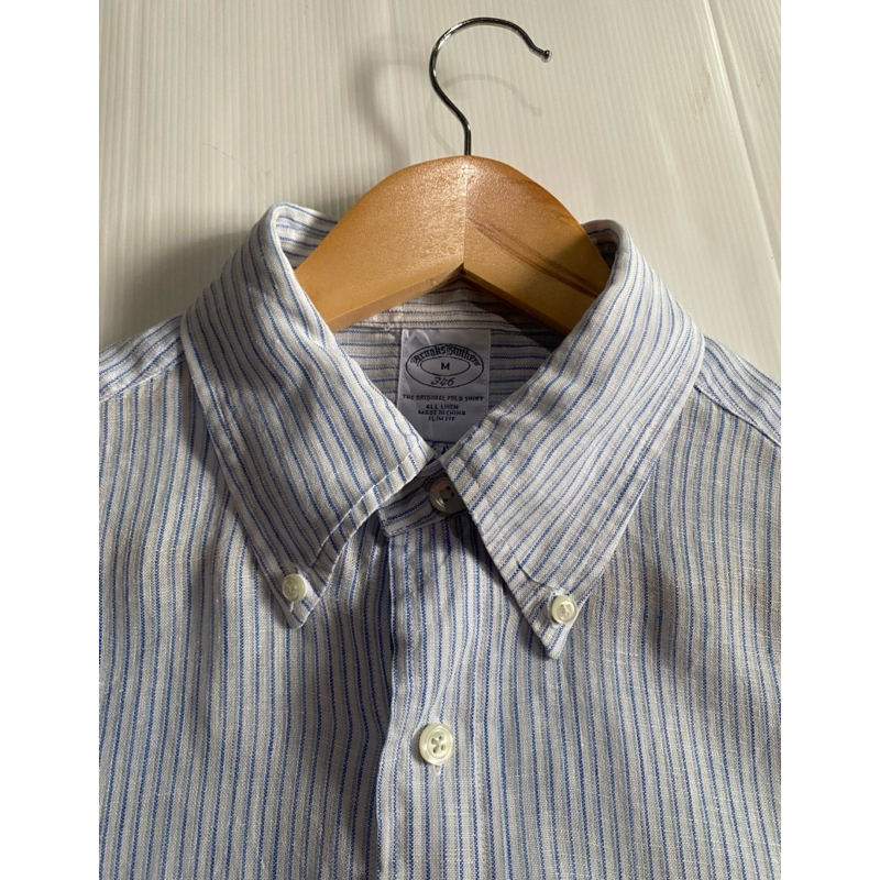Brooks Brothers เสื้อเชิ้ตแขนสั้น BD Collar Blue Stripe Linen Shirt