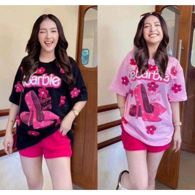 พร้อมส่ง (มีโค้ดในวิดิโอ)ชุดเซท เสื้อ+กางเกงขาสั้น ผู้หญิง ลายรองเท้าบาร์บี้ น่ารัก ผ้านุ่มใส่สบาย เสื้อยืด ใส่อยู่บ้าน