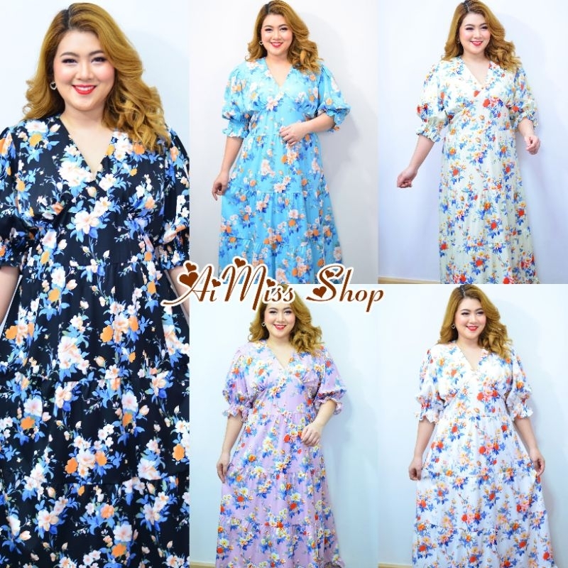AiMiss Shop รหัส MN6 เดรสสาวอวบ เดรสลายดอก ชุดสาวอวบ เสื้อผ้าคนอ้วน