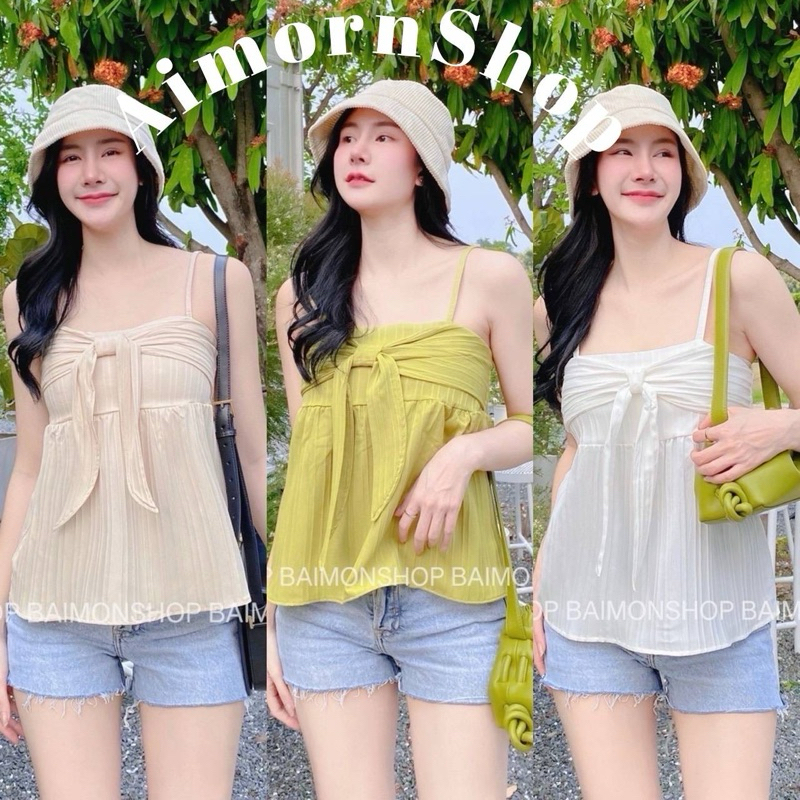 aimorn_shop เสื้อสายเดี่ยว แต่งโบว์หน้า จั้มเอว งานน่ารักมากด้านหลังเป็นสม็อคน้