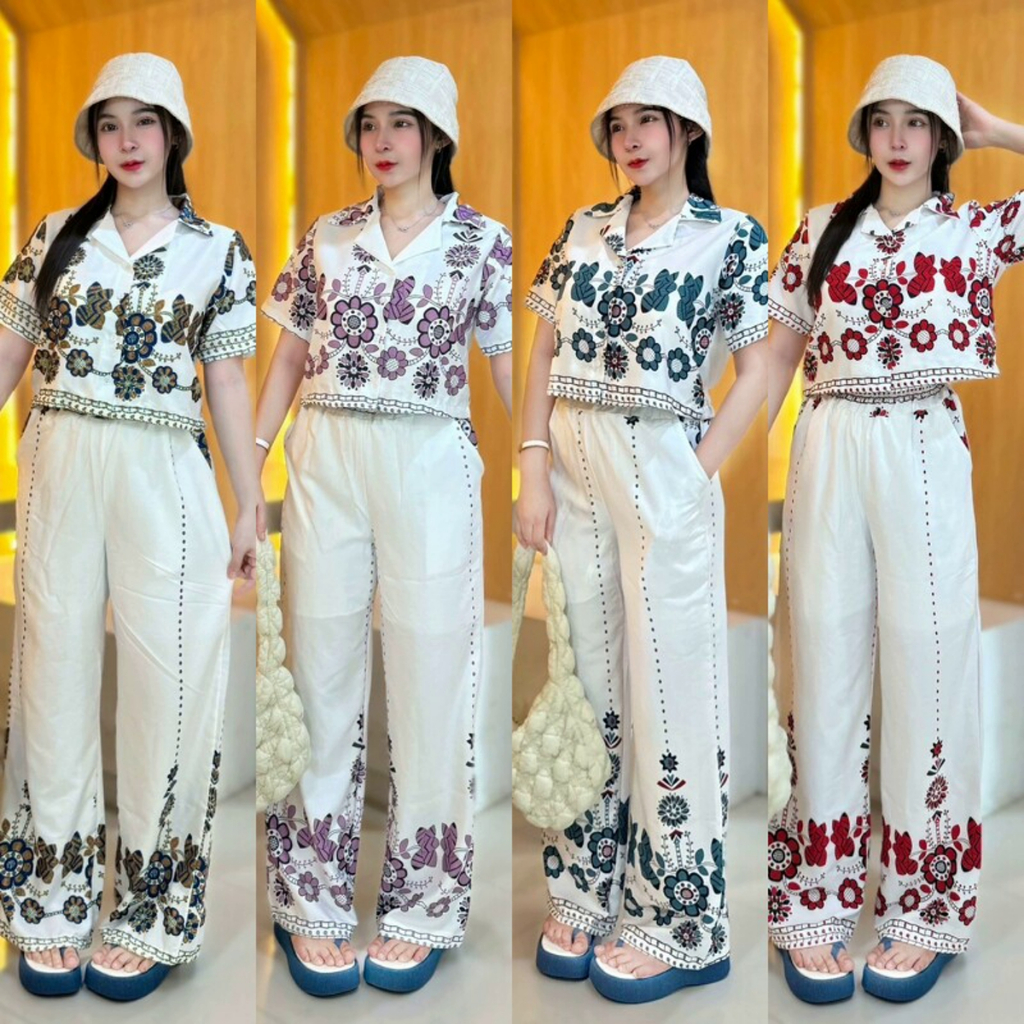 CC 15043 ชุดเซท ชุด ไปทะเล ชุดเที่ยวทะเล เสื้อเชิ้ตครอปลายดอกไม้ + กางเกงขายาว (ฟรีไซส์ M อก 32-36 เอว25-34 สพ36-40)