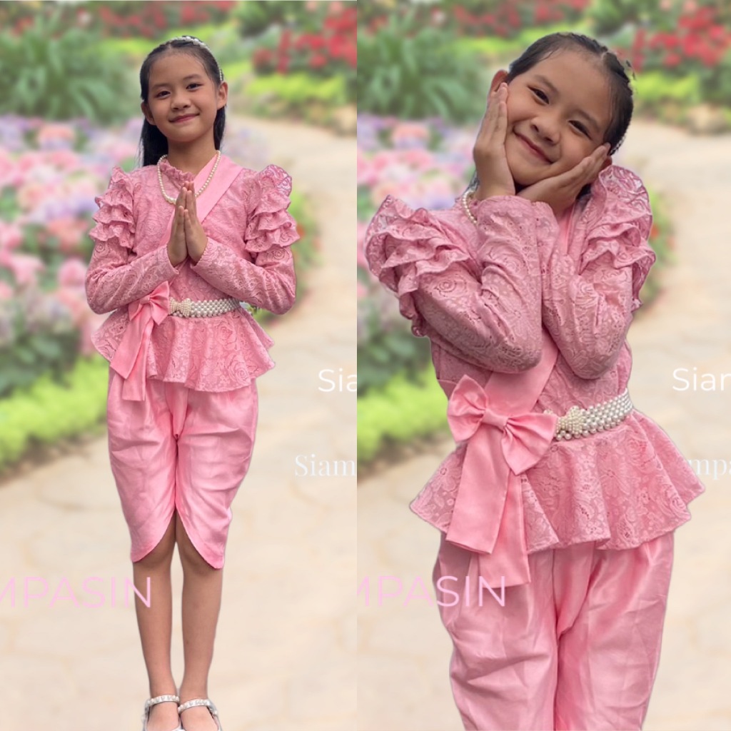 PTT เสื้อลูกไม้เด็ก หญิง รุ่น ร.5- ราคาเฉพาะเสื้อ ผ้านุ่ม ใส่สบายไม่คัน อายุ 4 5 6 7 8 9 10 11 สีชมพู ชุดไทยเด็ก