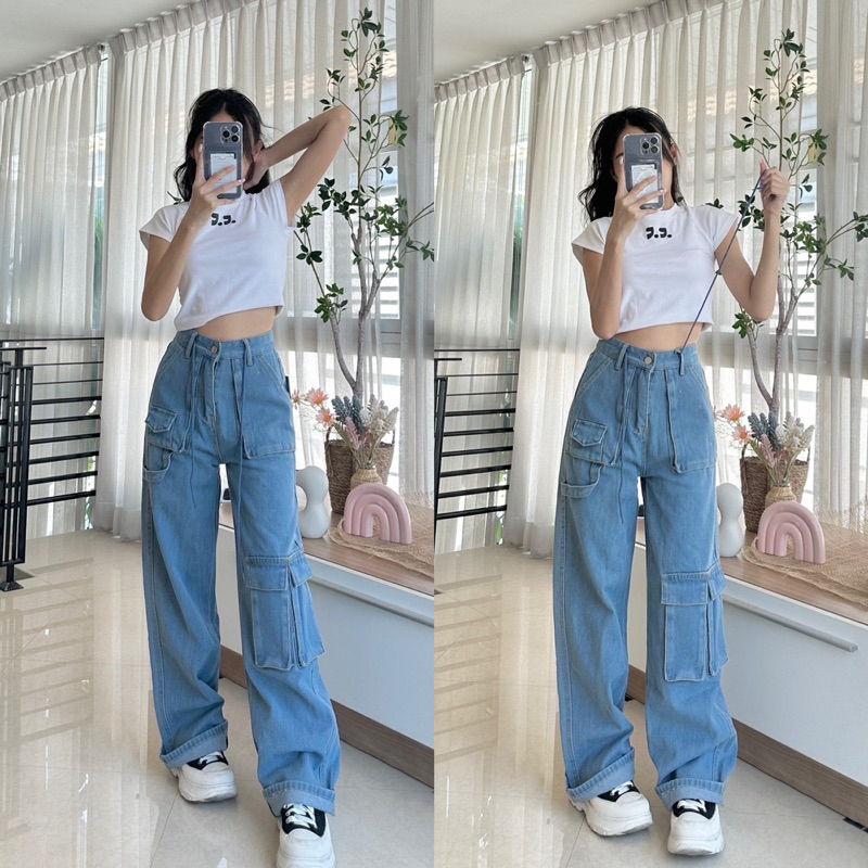 คาร์โก้ยีนส์ทรงช่าง style Y2K ขากระบอกใหญ่ สีบลูยีนส์สุดชิค กางเกงยีนส์B448