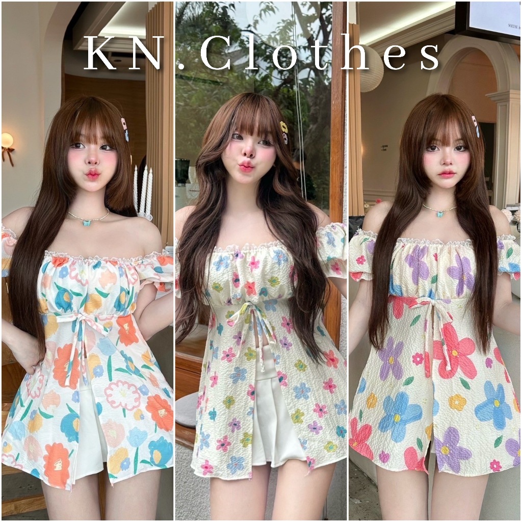 Nusa.Style เสื้อมินิเดรสแขนตุ๊กตา ผ่าหน้า แต่งโบว์ พิมพ์ลายน่ารัก