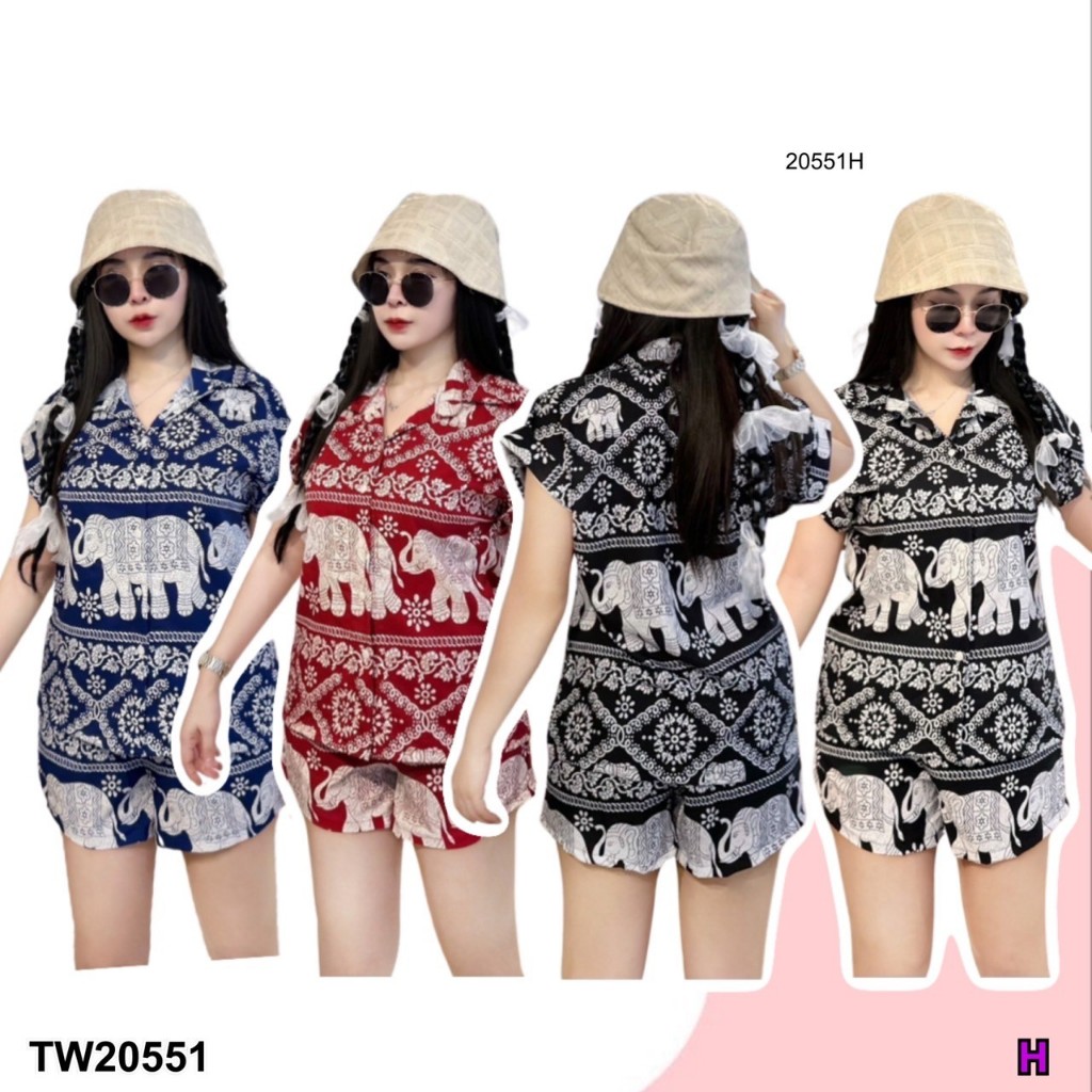 TwinsShopVip พร้อมส่ง TW20551 Set 2 ชิ้น เสื้อเชิ้ตแขนเบิ้ลลายช้าง+กางเกงขาสั้นลายช้าง