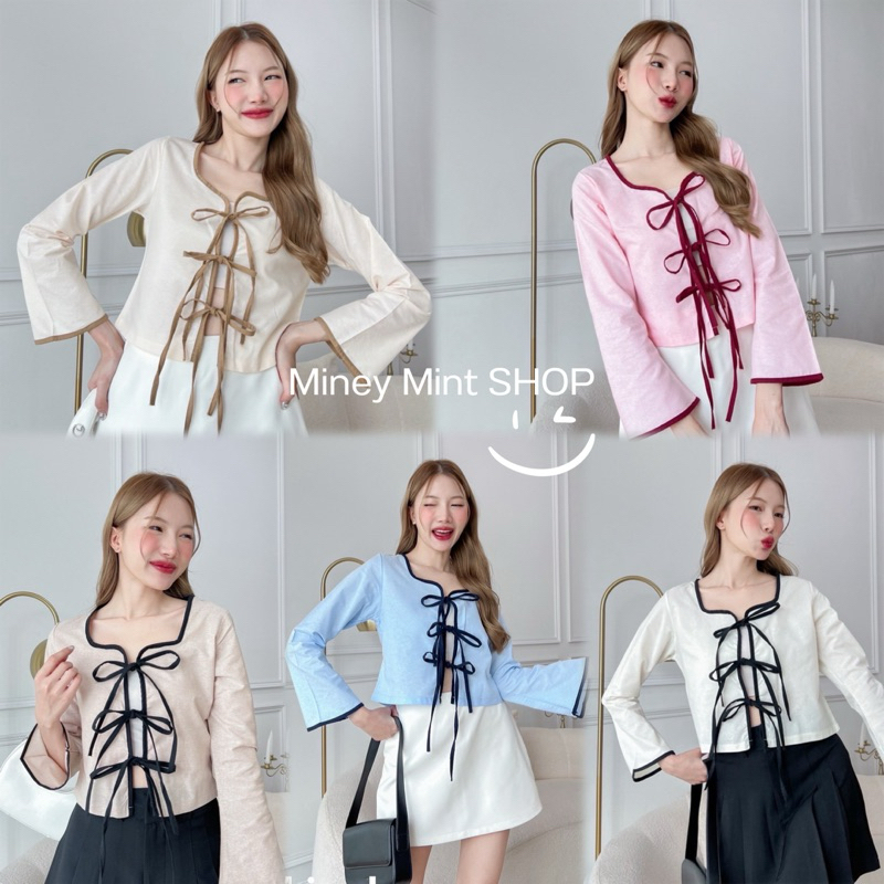 miniminey ครอปแขนยาวปลายแขนบาน กุ้นตัดขอบสี ผูกโบว์น่ารัก