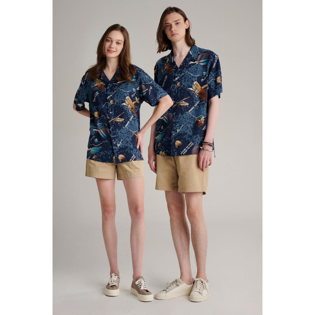 Mc jeans เสื้อเชิ้ต Unisex เสื้อฮาวายแขนสั้น สีกรมท่า พิมพ์ลาย MSSZ240