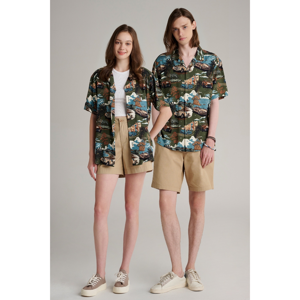 Mc jeans เสื้อเชิ้ต Unisex เสื้อฮาวายแขนสั้น สีเขียวขี้ม้า พิมพ์ลาย MSSZ239