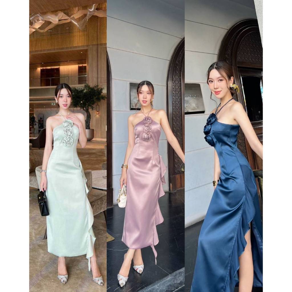 Linda เดรสผ้าชาตินอัดกาว ผ่าข้างแต่งระบายยาว
