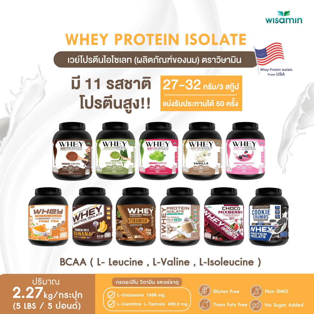 เวย์โปรตีน ไอโซเลท WHEY PROTEIN ISOLATE มี 11 รสชาติ (ตราวิษามิน) ปลอดกลูเตน ปลอด GMO จำนวน 1 กระปุก ปริมาณ 2.27 kg