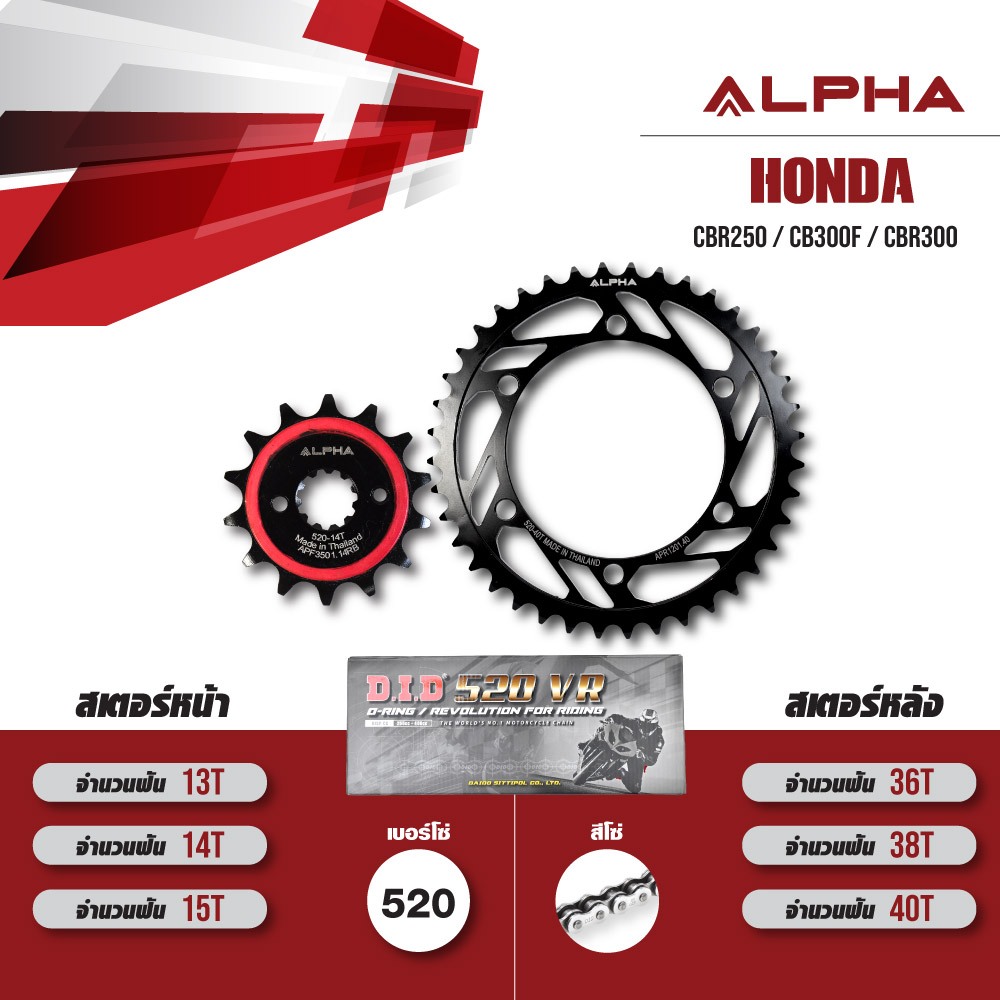 ชุดโซ่สเตอร์ ALPHA เปลี่ยน HONDA CBR250 / CB300F / CBR300R [ เลือกเบอร์ได้ ] โซ่ D.I.D 520 VR สีเหล็