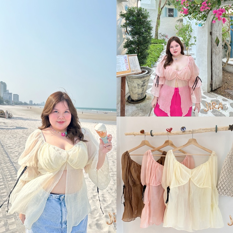 เสื้อแขนตุ๊กตา แต่งโบว์สองข้าง น่ารักมากเลยค่ะ plussize สาวอวบ