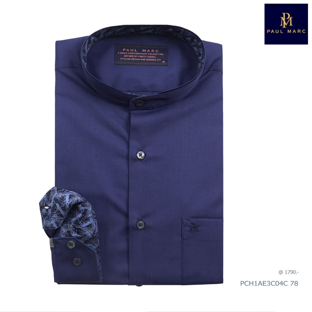 PAUL MARC เสื้อเชิ้ตคอจีน สีน้ำเงิน Signature Twill Slim Fit ผ้านุ่ม รีดง่าย ยับยาก PCH1AE3C04C