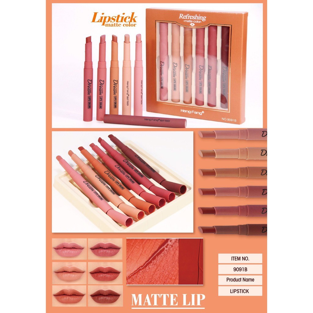 9091B ลิปเซ็ต 6 ชิ้น ขายดี lipstick ราคาถูกที่สุด โทนส้มอิฐ โทนแดงก่ำ ลิป ลิปเนือแมท