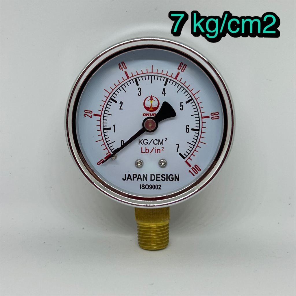 OKURA Pressure gauge 7 kg/cm2 dial size 2.5" เกจวัดแรงดัน 7 kg/cm2 (100 psi) เกลียว 1/4" BSPT bottom