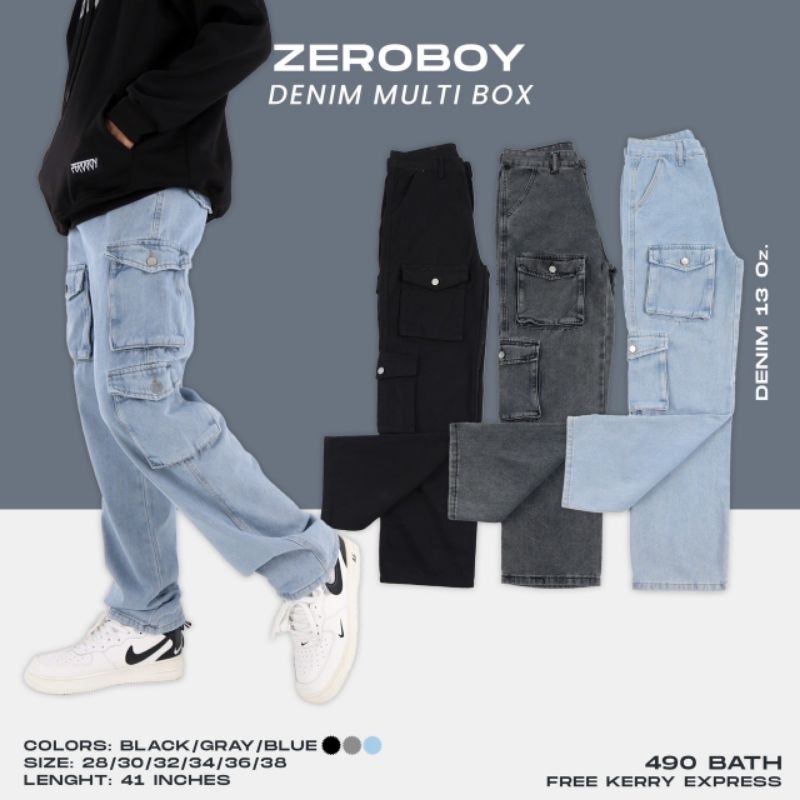 ZEROBOY - "DENIM MULTI BOX” กางเกงยีนส์ขายาวคาร์โก้ 6 กระเป๋า รุ่นใหม่