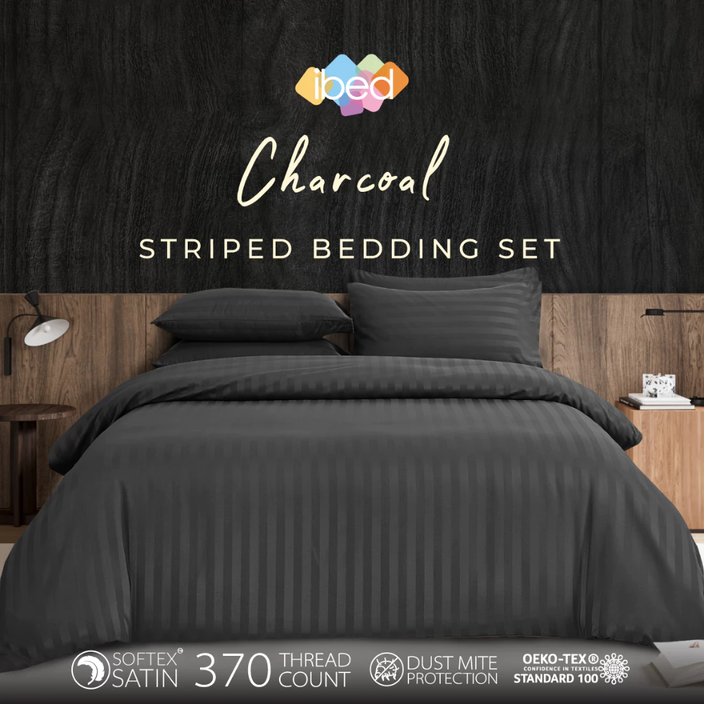 ibed ชุดผ้าปูที่นอนทอลายครบเซ็ท Softex Satin (ลายริ้ว) Charcoal - STRIPED COLLECTION
