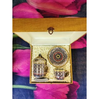 แก้วเบญจรงค์พร้อมถ้วยกาแฟในกล่องผ้าไหม หรือเฉพาะแก้วสูงถ้วยก…