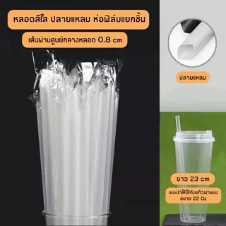 [ไม่ใช่หลอดไข่มุก] หลอดดูดน้ำตรงปลายแหลมสีใส ห่อฟิล์มใสแยกชิ้น ขนาด 0.8 cm