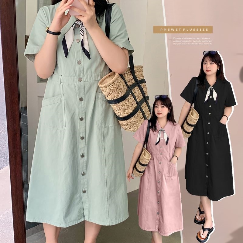 [ อกถึง 50" ] : PMP2284 : พรีออเดอร์ เสื้อผ้าไซส์ใหญ่ เดรสยีนส์คนอ้วน สาวอวบ กระโปรงคลุมเข่าทรงเอ มาพร้อมผ้าพันคอเก๋ๆ