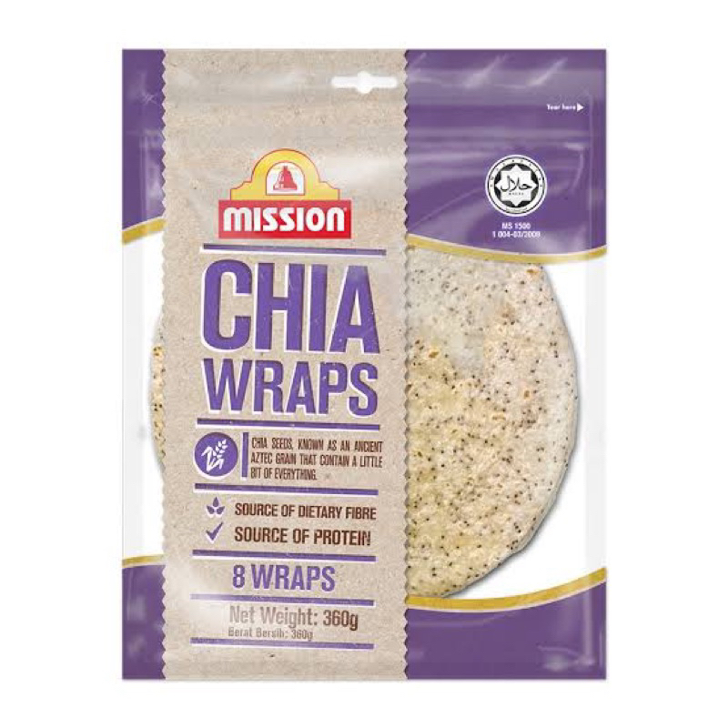 mission chia wraps 8 wraps whole grain 360g. fl แผ่นแป้งโฮลเกรน นำเข้า แร็ป