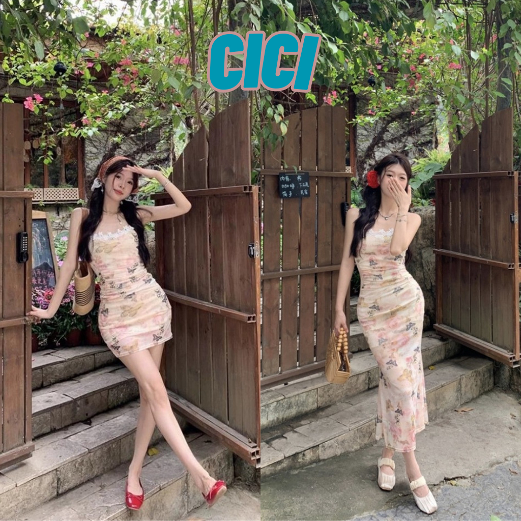 ส่งทันที Cici(NO. D0218/D0219)เดรสสายเดี่ยวสั้น/ยาวลายดอกไม้ผ้าชีฟอง มีซับใน ดีเทลลูกค้าไม้ตรงอก สไตล์ฝั่งเศษ