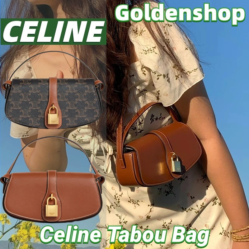 👜New!!เซลีน CELINE Triomphe Tabou Clutch On Strap Bag Canvas And Calfskin👜กระเป๋าสะพายเดี่ยว