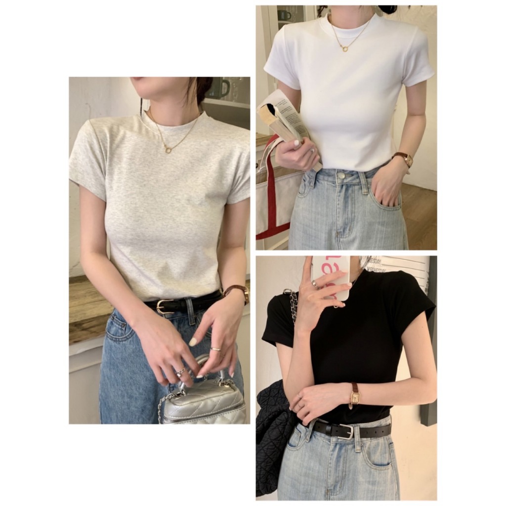 MYGRILSHOP.TH เสื้อยืดสีขาวผู้หญิง/แขนสั้นรอบคอ ดูผอมลงเสื้อยืดฝ้ายขาว นุ่มมาก