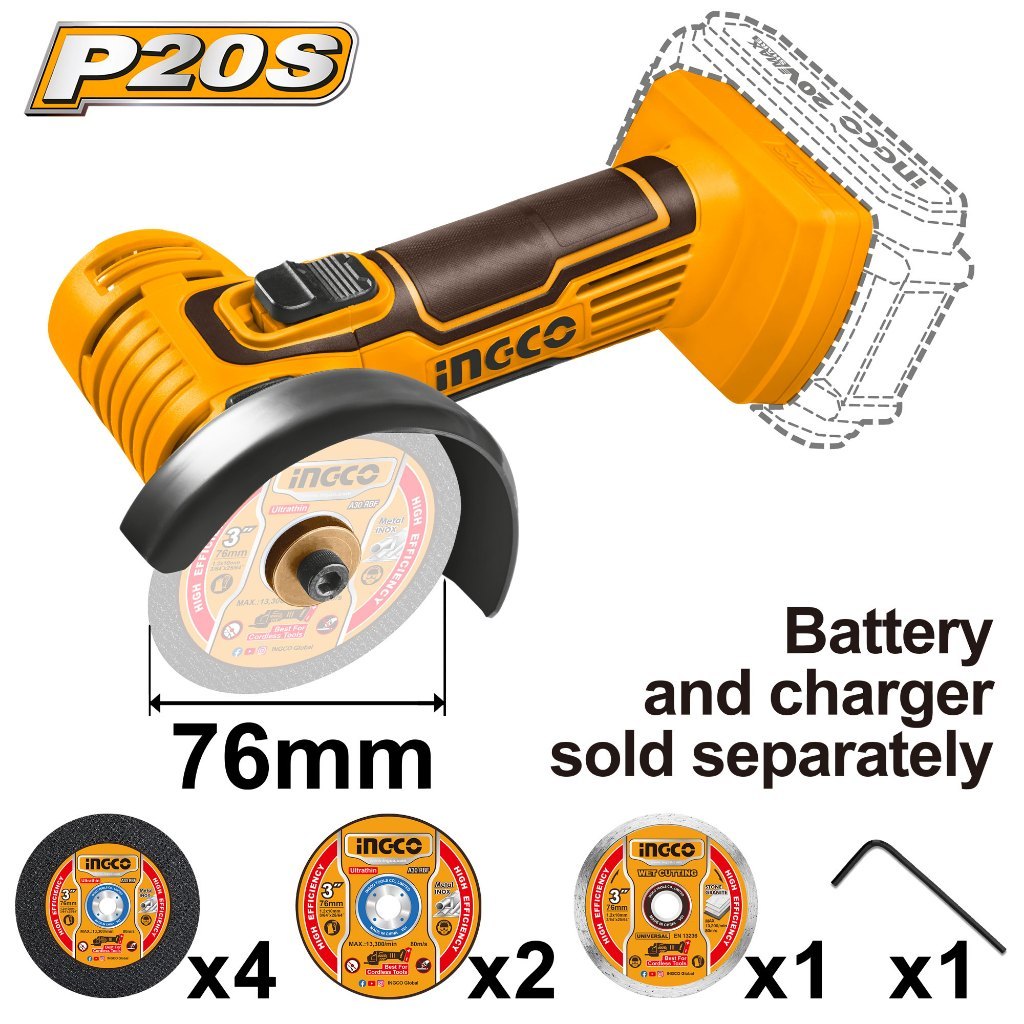 INGCO เครื่องเจียร์ มินิ 3 นิ้ว ไร้สาย 20 V. รุ่นงานหนัก รุ่น CAGLI7601 ( Mini Cut-Off Saw ) เครื่องเปล่า