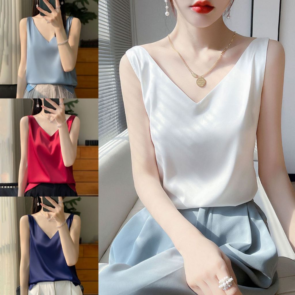 เสื้อกล้ามซาตินคอวี ผ้าเครปซาติน M-XL เรียบหรู