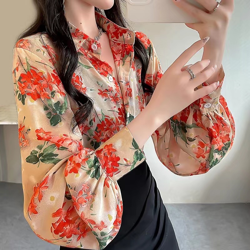 Littlebee W315 เสื้อเชิ้ตชีฟอง เสื้อเชิ้ตฤดูใบไม้ผลิใหม่ ดีไซน์เก๋ แขน โคมไฟ พิมพ์ลาย เสื้อเชิตทางการ ทรงหลวม พลัสไซส์