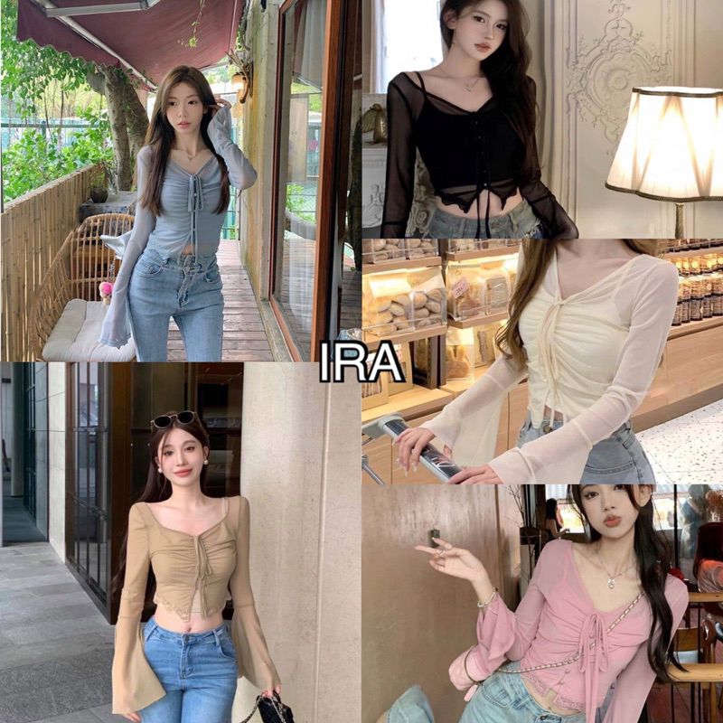 BY IRA (752/252) Chiffon 2-piece set เสื้อคลุมครอปซีทรู แต่งชายระบายกิมมิคผูกโบว์ตรงอกเริ่ดๆ สไตล์สาวแซ่บ
