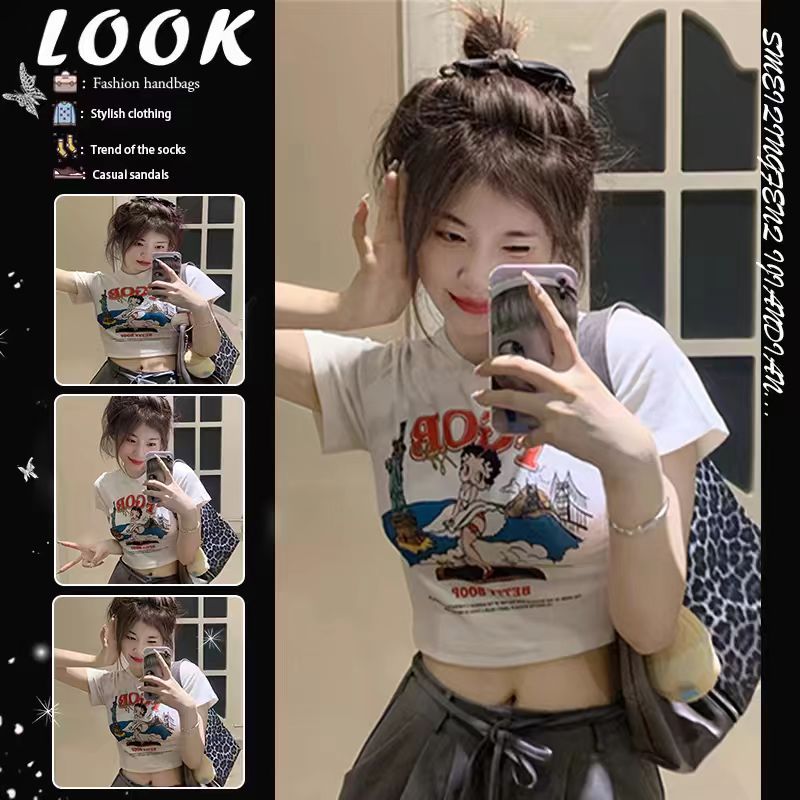 เสื้อครอปสาวอวบผู้หญิงที่กําลังฮิต oversize เสื้อผ้าแฟชั่นสไตล์เกาหลี เสื้อยืดเอวลอยวัยรุ่นน่ารักๆ สีพื้นเนื้อผ้าใส่สบาย