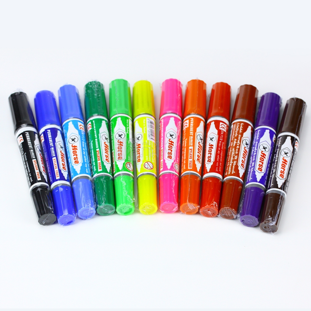 Horse ตราม้า ปากกาเคมี 2 หัว ปากกามาร์คเกอร์ Twin-Pen Marker มี 12 สี [ จำหน่าย 1 ด้าม ]