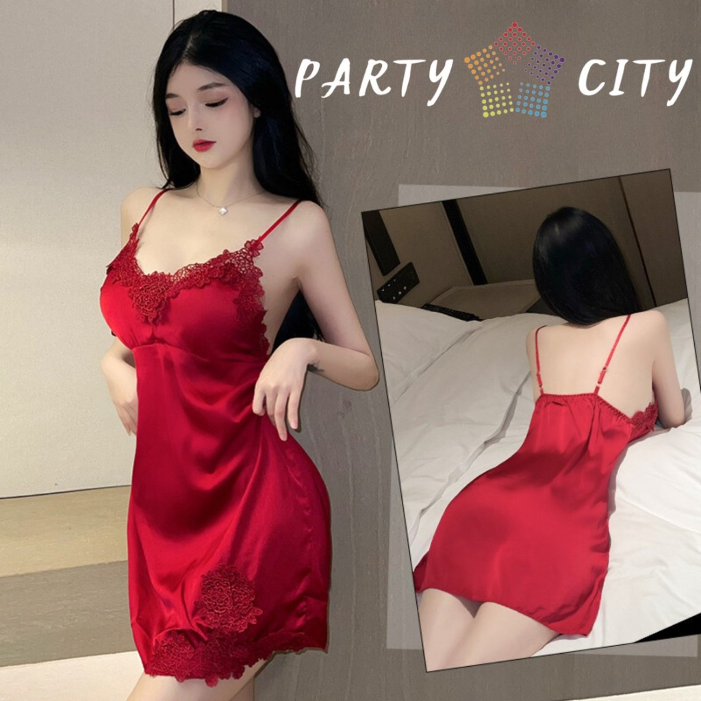 PARTY CITY ชุดนอนซาติน ชุดนอนเเซ่บๆ ชุดนอน sexy ✅​ ไซต์ S-XXL นน.40-80 kg. สายเดี่ยวปรับได้ พร้อมจัดส่ง PC-164
