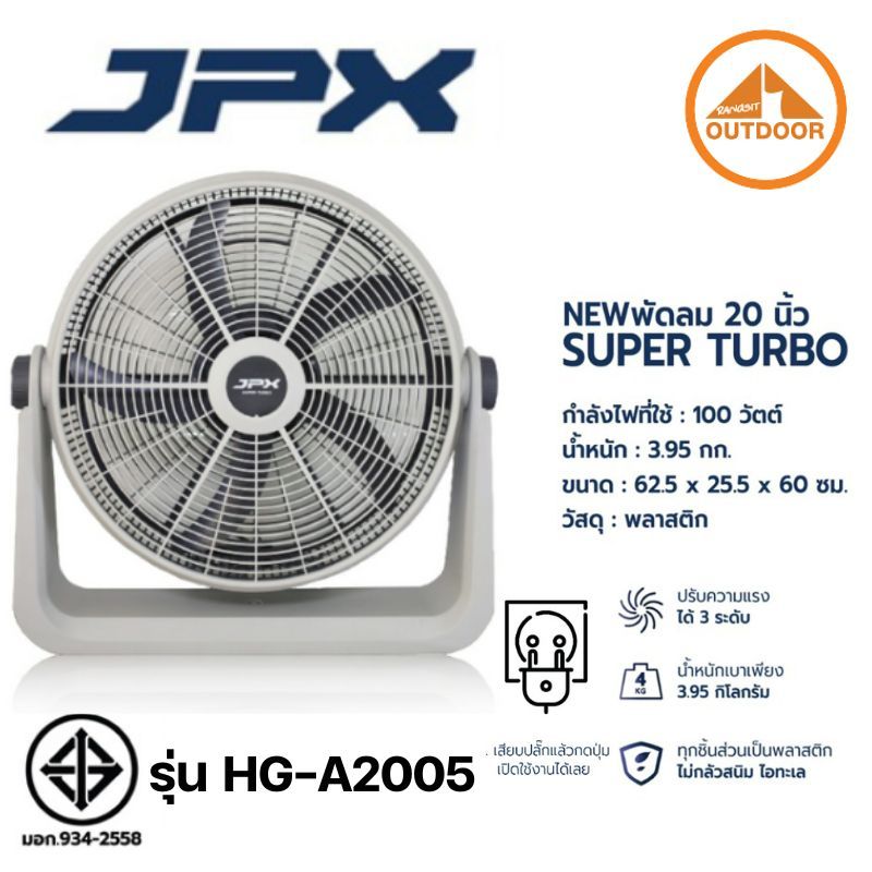 พัดลมแคมป์ปิ้ง JPX 20 นิ้วรุ่นใหม่ปี 2025 #White เสียบปลั๊คมีสายไฟยาว 4 เมตร รับประกันมอเตอร์ 3 ปี