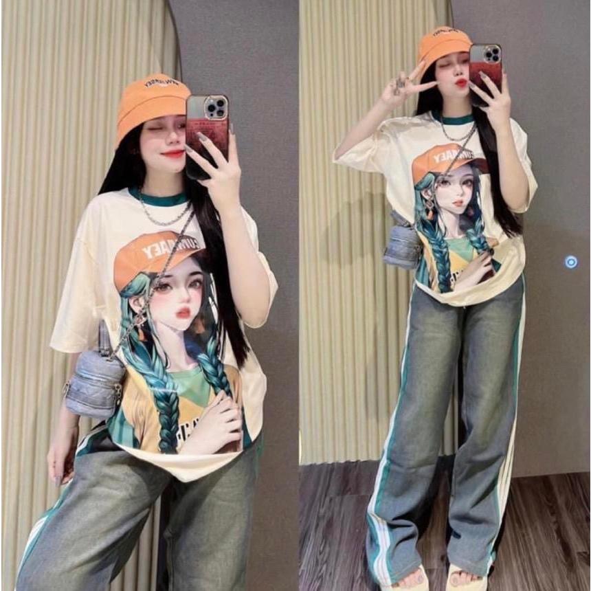 S195-ชุดเซ้ท2ชิ้นแขนสั้นขายาว พิมพืผู้หญิงใส่หมวกส้ม กางเกงแต่งแถบมีเชือกรูด