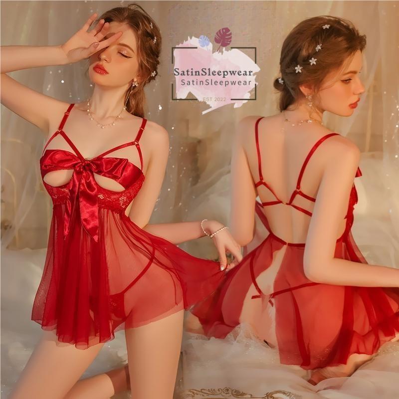 SatinSleepwear 💞💞 ชุดนอนไม่ได้นอน ชุดผู้หญิงsexy ดูผ่าน ตาข่าย โบว์หน้าอก ส่งจากไทย（H1155）