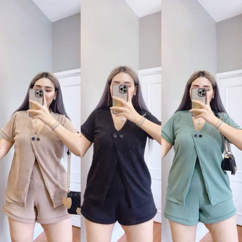 Bi-S3S1💗 เซตไหมพรมขาสั้นดุมหน้า เสื้อ+กางเกง อก36-48 เอว30-44 สะโพก50