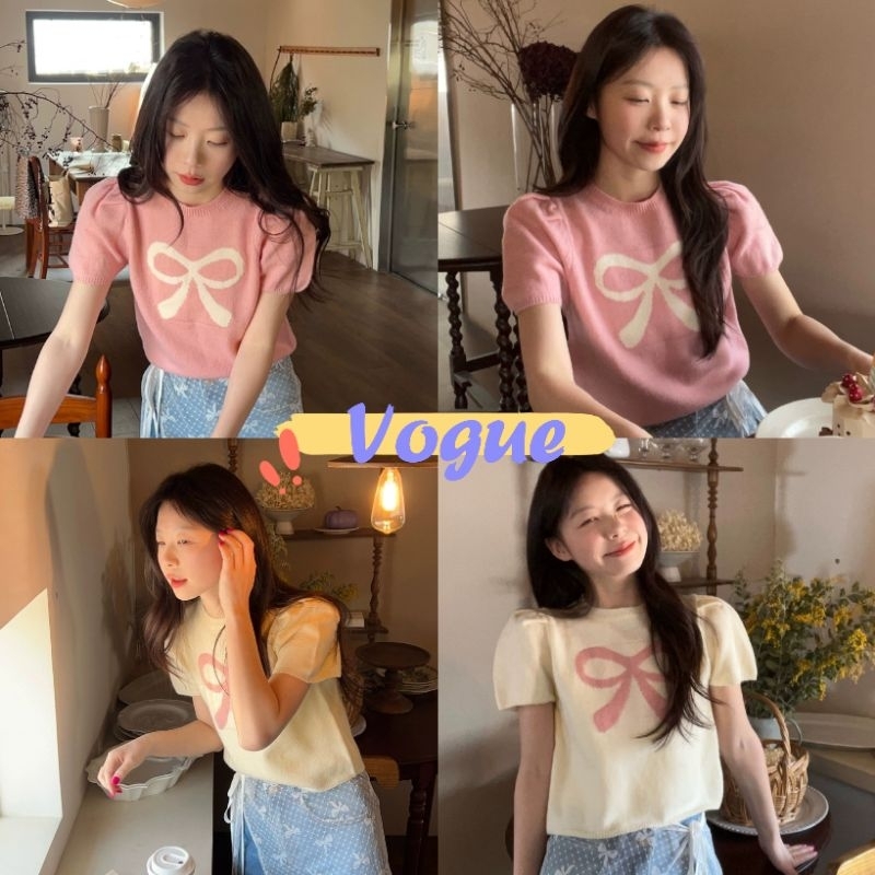 Vogue พร้อมส่ง เสื้อยืดไหมพรม คอกลมแขนสั้น ถัดลายโบว์ 2สีพาสเทลน่ารัก (V067)
