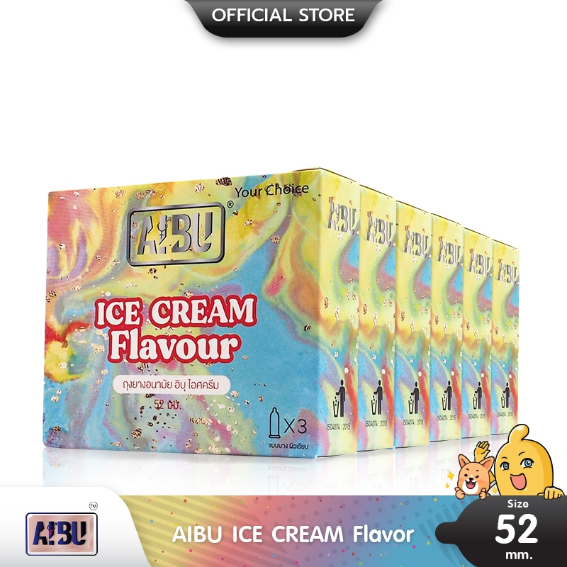 AIBU ICE CREAM Flavour ถุงยางอนามัย อิบุ กลิ่นไอศกรีม หอม ผิวเรียบ บาง 0.03 มม. ขนาด 52 มม. บรรจุ 6 กล่อง (18 ชิ้น)